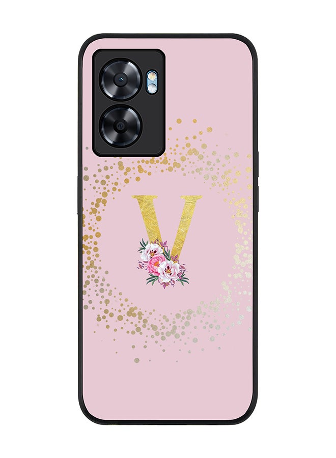 Stylizedd Rugged Black edge case for Oppo A77 5G / Oppo A57 5G - Custom Monogram Initial Letter Floral Pattern Alphabet - V (Pink ) - Image 1