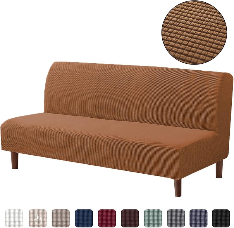 Armless Futon Stretch Sofa Slipcover, Checkered Fleece Sofa-Bed Covers, Washable Furniture Protective Covers with Elastic Bottom, 185m-215m, (Brushed-Light Coffee) 1pcs - Image 2