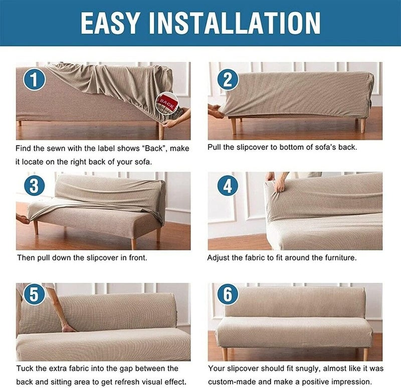Armless Futon Stretch Sofa Slipcover, Checkered Fleece Sofa-Bed Covers, Washable Furniture Protective Covers with Elastic Bottom, 185m-215m, (Brushed-Light Coffee) 1pcs - Image 5