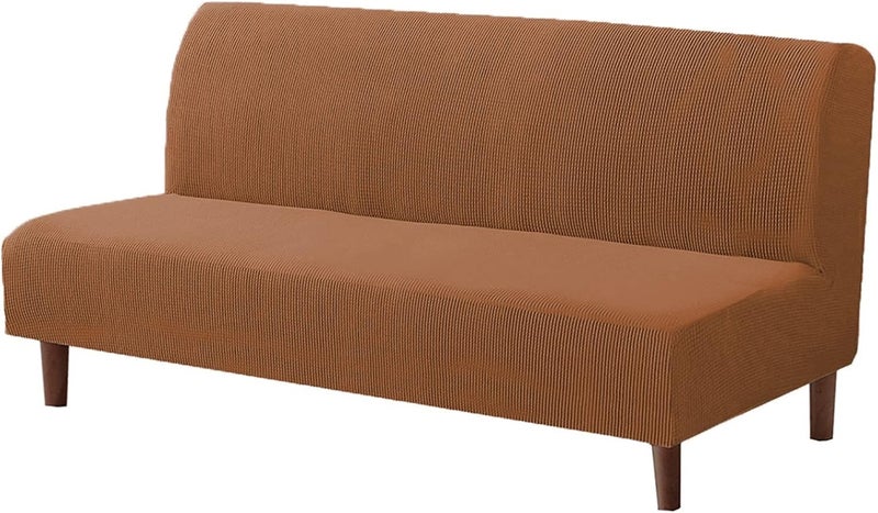 Armless Futon Stretch Sofa Slipcover, Checkered Fleece Sofa-Bed Covers, Washable Furniture Protective Covers with Elastic Bottom, 185m-215m, (Brushed-Light Coffee) 1pcs - Image 1