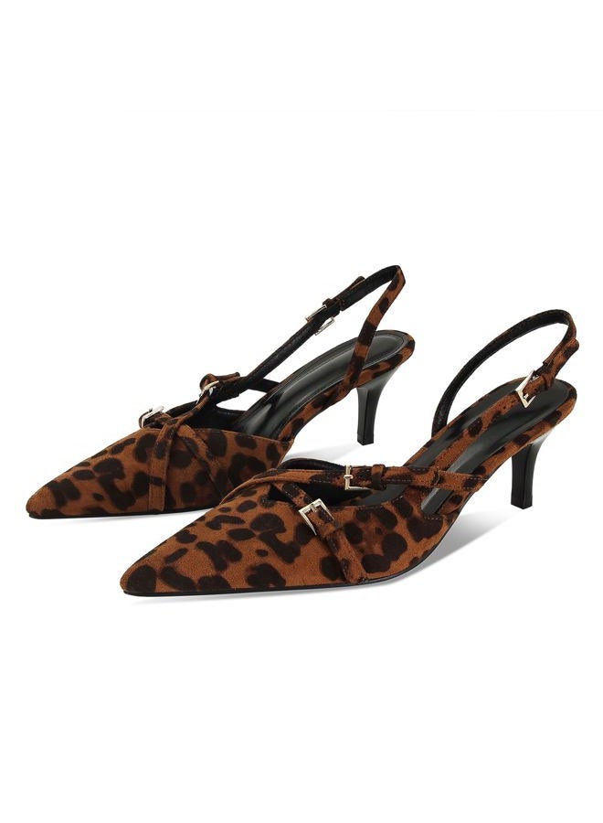 MICIFA Slingback Kitten Heels for Women Pointed Toe Stiletto Heels Slip On Pumps with Buckled Straps Dress Work Heeled Sandals, Suede-leopard, 9 - Image 1