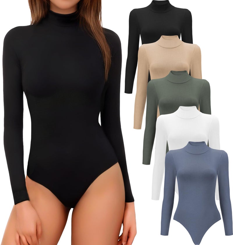MLYENX 5 Pack Long Sleeve Body suits Womens Mock Turtleneck Casual Basic Stretchy Body Suits Tops M - Image 1