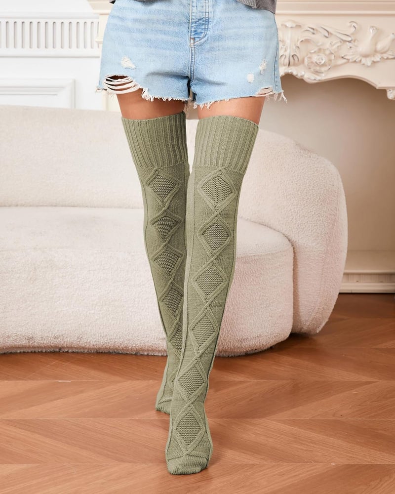 SherryDC Women's Cable Knit Thigh High Socks Winter Boot Stockings Extra Long Over Knee High Leg Warmers - Image 2