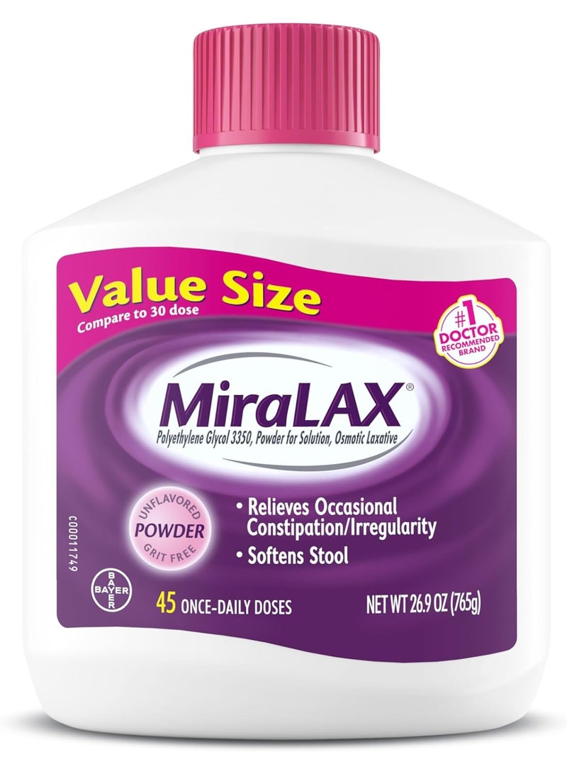 MiraLAX Gentle Constipation Relief Laxative Powder, Stool Softener with PEG 3350, Works Naturally with Water in Your Body, No Harsh Side Effects, Osmotic Laxative, 45 Dose