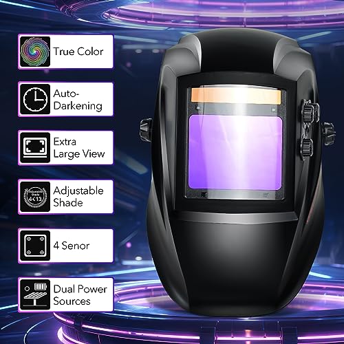 TRQWH Welding Helmet Auto Darkening Large Viewing True Color Solar Powered Welding Mask with 4 Arc Sensor Adjustable Wide Shade Range 4~5-8/9-13 Welder Mask with Grinding (TRQWH-LS01) - Image 2