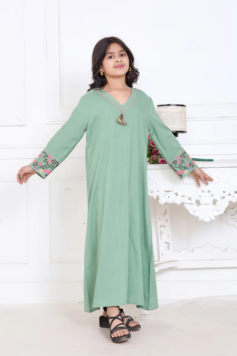 Artemea Girls Green Premium Rayon Slub Ankle length Jalabiya Dress