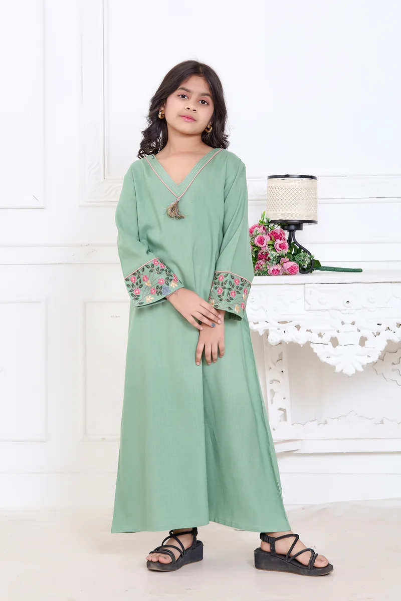 Artemea Girls Green Premium Rayon Slub Ankle length Jalabiya Dress