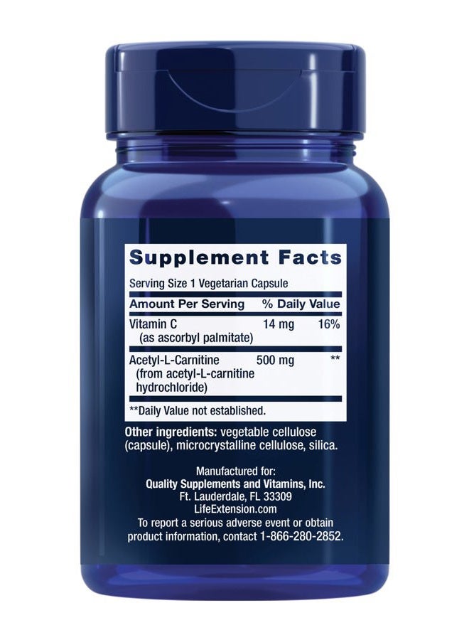 Life Extension أسيتيل-ل-كارنيتين، أسيتيل-ل-كارنيتين، فيتامين ج، صحة الدماغ والمزاج والأعصاب، طاقة خلوية، إمداد لمدة 3 أشهر، خالي من الغلوتين، غير معدل وراثيًا، نباتي، 100 كبسولة - Image 2