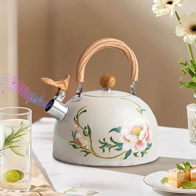 NALACAL غلاية شاي صافرة زهرية سعة 3 لتر، مناسبة للموقد، إبريق شاي عتيق من الفولاذ المقاوم للصدأ بمقبض CoolTouch، إبريق شاي عتيق مطلي بالمينا، مناسبة للموقد، غلاية ماء صافرة للمطبخ - Image 3