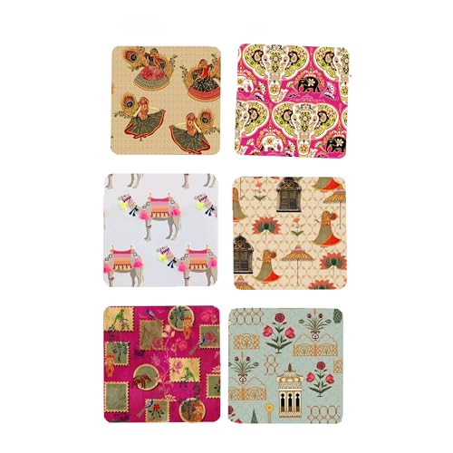 TAJNAN Indian Art Printed Coaster Set of 6 Beautiful Wooden Coasters with Plastic Coating Proper Coaster Stand Designer Coaster (taj-Coaster-Rajasthan-i) - Image 1