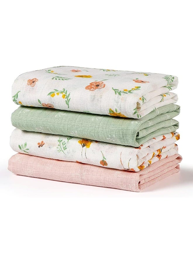 Softan Muslin Swaddle Blankets for Baby Girls & Boys Gift, Large 47X47 inches Receiving Blankets for Newborn, Infant Swaddle Wrap Blanket Set Soft Silky & Breathable, 4 Pack Green Floral - Image 1