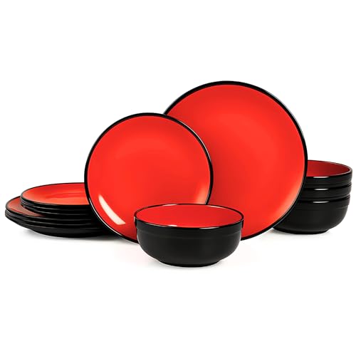 TP 12-Piece Dinnerware Set, Melamine Dishes Set with Bowls and Plates, Non-breakable and Lightweight Dinner Service for 4, Glossy Black and Red - Image 1