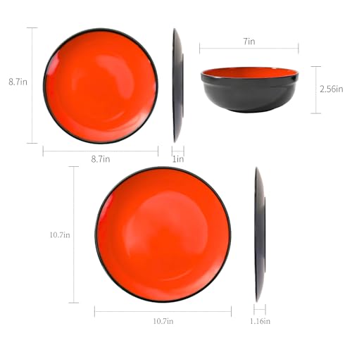 TP 12-Piece Dinnerware Set, Melamine Dishes Set with Bowls and Plates, Non-breakable and Lightweight Dinner Service for 4, Glossy Black and Red - Image 5