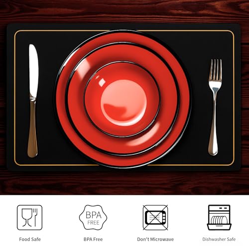 TP 12-Piece Dinnerware Set, Melamine Dishes Set with Bowls and Plates, Non-breakable and Lightweight Dinner Service for 4, Glossy Black and Red - Image 2