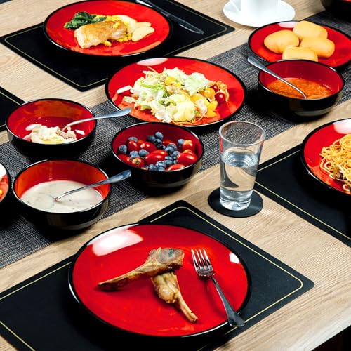 TP 12-Piece Dinnerware Set, Melamine Dishes Set with Bowls and Plates, Non-breakable and Lightweight Dinner Service for 4, Glossy Black and Red - Image 4