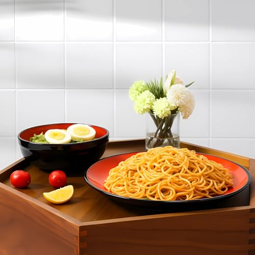 TP 12-Piece Dinnerware Set, Melamine Dishes Set with Bowls and Plates, Non-breakable and Lightweight Dinner Service for 4, Glossy Black and Red - Image 3