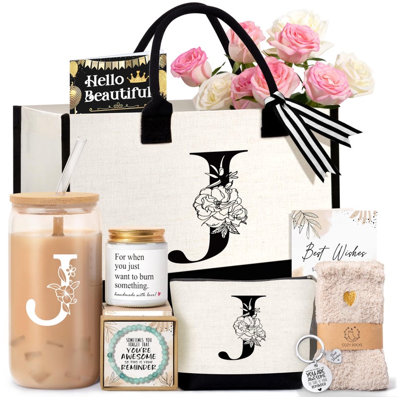 Lepiche Birthday Gifts for Women, Monogrammed Initial Gift for Teacher Wife Mom, Tote Bag,Glass Cup Gift Basket Personalized Christmas Mother's Teacher Appreciation Day,J - Image 1