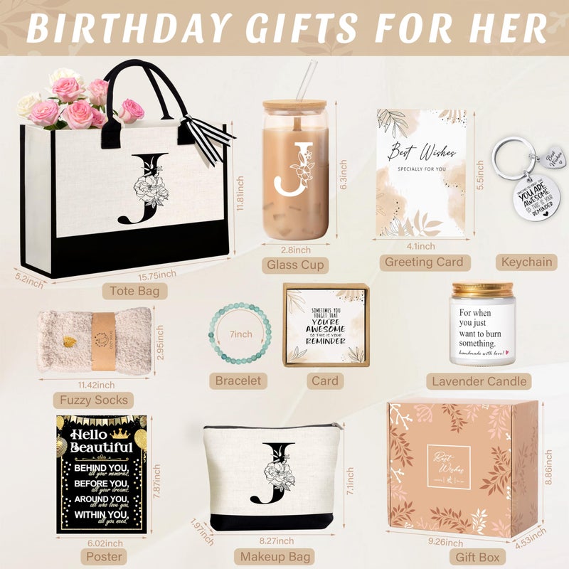 Lepiche Birthday Gifts for Women, Monogrammed Initial Gift for Teacher Wife Mom, Tote Bag,Glass Cup Gift Basket Personalized Christmas Mother's Teacher Appreciation Day,J - Image 4
