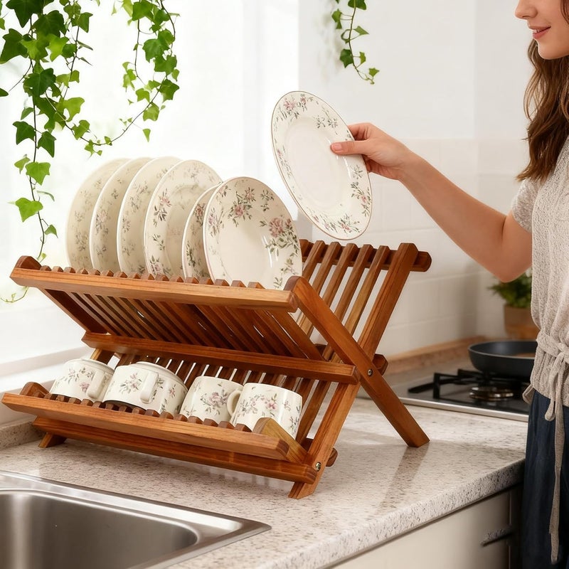 Utoplike Youtop Like Foldable Teak Dish Drying Rack, Compact Kitchen Counter Top Organizer - Image 2