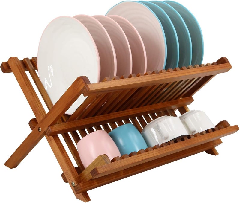 Utoplike Youtop Like Foldable Teak Dish Drying Rack, Compact Kitchen Counter Top Organizer - Image 1