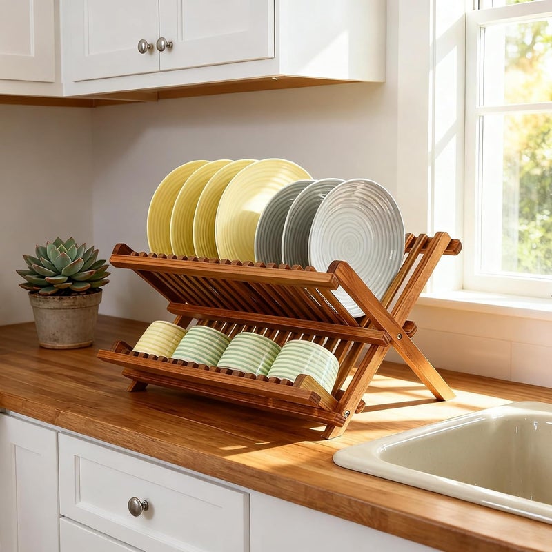 Utoplike Youtop Like Foldable Teak Dish Drying Rack, Compact Kitchen Counter Top Organizer - Image 5