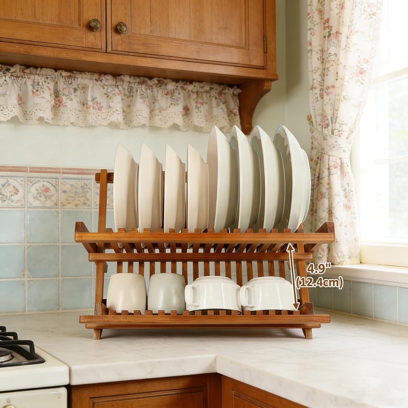 Utoplike Youtop Like Foldable Teak Dish Drying Rack, Compact Kitchen Counter Top Organizer - Image 3