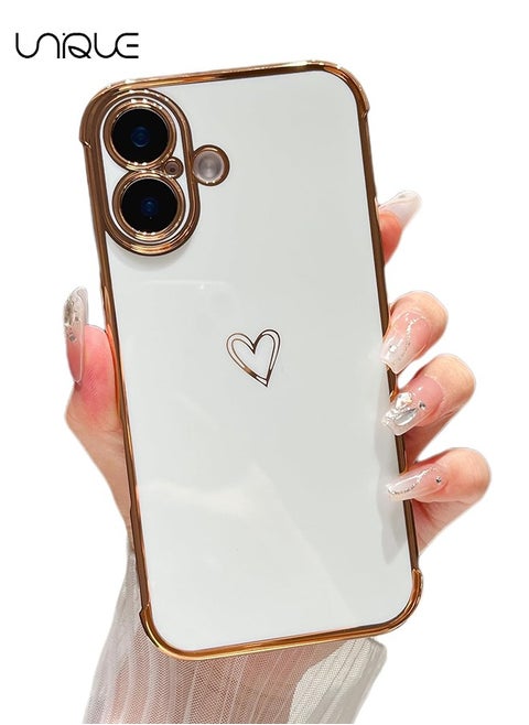 Compatible with iPhone 16 Case，Love Heart Plating Electroplate Elegant Case Camera Protector Soft TPU Shockproof Protective Back Cover iPhone 16 Case - White