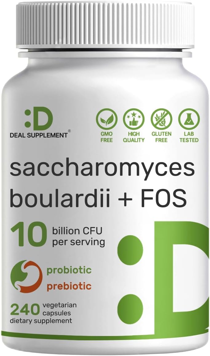 DEAL SUPPLEMENT Saccharomyces Boulardii Probiotics  FOS Supplement 10 Billion CFU 240 Veggie Capsules  Probiotic  Prebiotic for Women  Men  Gut Immune  Digestive Health Support  NonGMO - Image 1