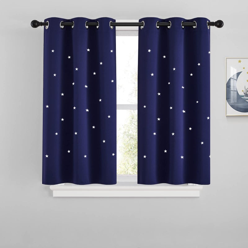 NICETOWN NICETOWN Star Cut Out Blackout Bedroom Curtain for Kids Nursery Thermal Insulated Window Treatment Drapes with Grommet Top for Thanksgiving Set of 2 Navy Blue W34 x L45 Inches 