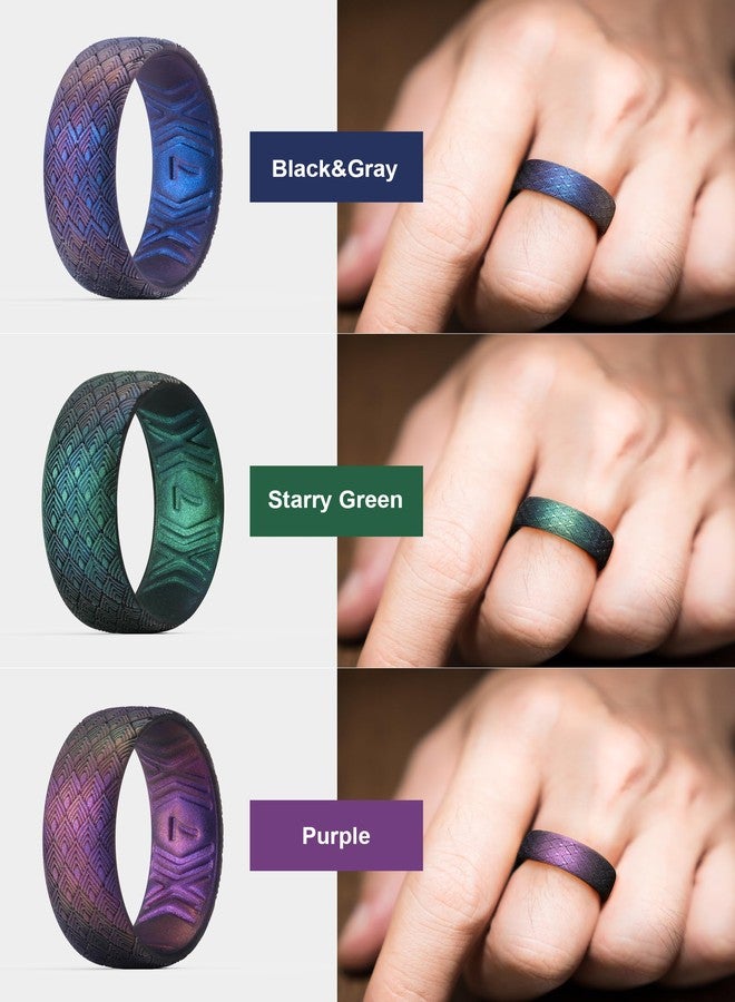King Will Silicone Wedding Band for Men Women- 1.8mm Ultra Thin Ring with Geometric Pattern, Hypoallergenic Rubber Ring, Dark Blue,Starry Green,Starry Purple, Size 9 - Image 4