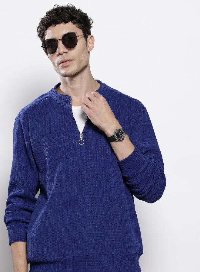 The Indian Garage Co Men Relaxed Fit Self Design Henley Neck Full Sleeves Sweatshirt