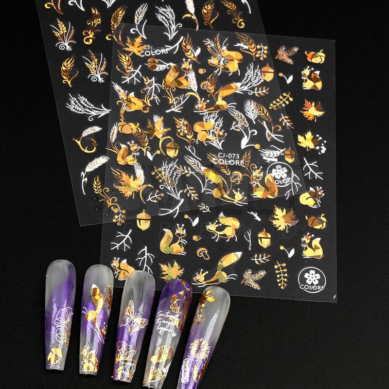 UCCASA 6 Sheets Fall Nail Decals Thanksgiving 3D Self-Adhesive Nail Stickers Autumn Maple Leaf Nail Art Supplies White Gold Flower Butterfly with Designs Fall Leaves Nail Art Stickers for Women Decoration - Image 4