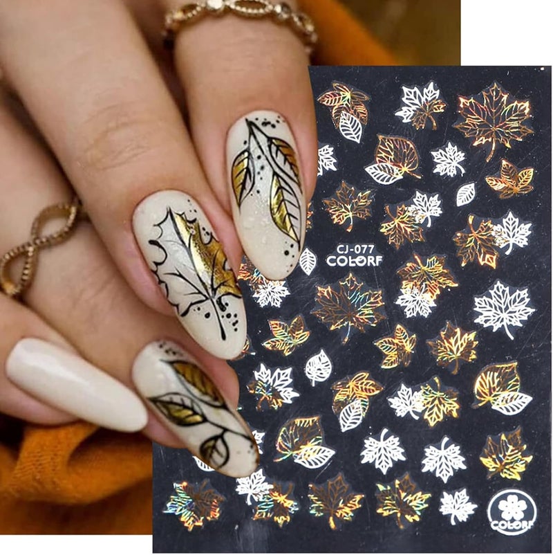 UCCASA 6 Sheets Fall Nail Decals Thanksgiving 3D Self-Adhesive Nail Stickers Autumn Maple Leaf Nail Art Supplies White Gold Flower Butterfly with Designs Fall Leaves Nail Art Stickers for Women Decoration - Image 1
