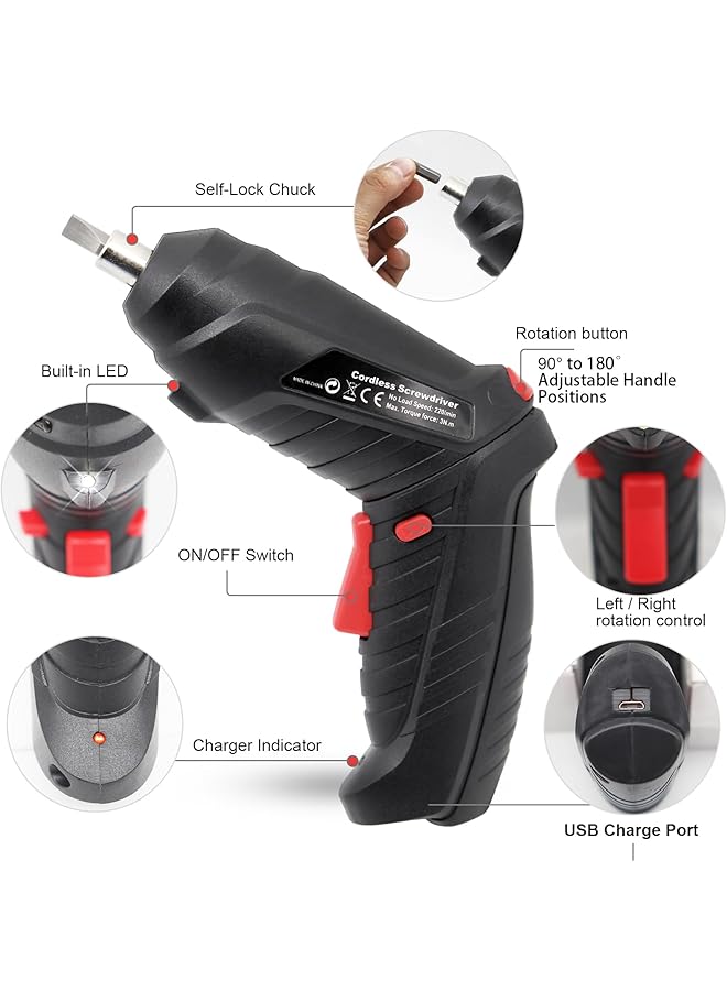 erorex 47 In 1 Cordless Screwdriver Portable Cordless Drills 3.6V Rechargeable Electric Screwdriver Kit Dual Position Handle With Usb Cable Led Light For Tools - Image 3