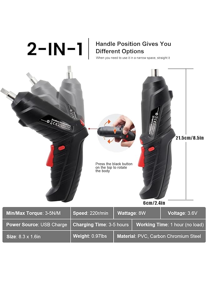 erorex 47 In 1 Cordless Screwdriver Portable Cordless Drills 3.6V Rechargeable Electric Screwdriver Kit Dual Position Handle With Usb Cable Led Light For Tools - Image 4