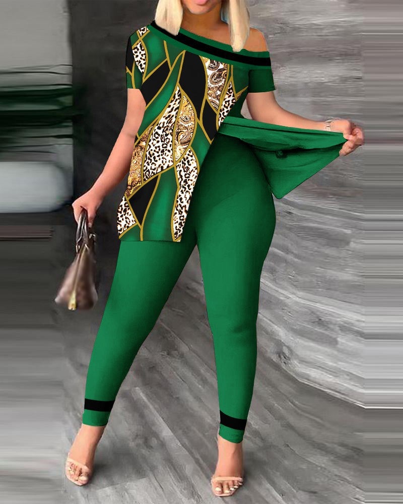 2026 Autumn European and American Women's Fashion Two-Piece Set with Slanted Neckline and Printed Pants