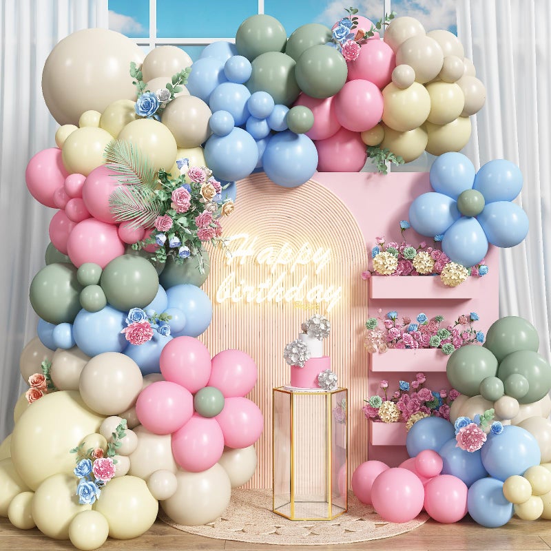Isndare Pink Green Balloons Arch Sage Green Pink Blue Yellow White Balloon Garland Pastel Blue Yellow Beige Olive Latex Balloons Fairy Birthday Tea Goose Party Decorations Wedding Wildflower Baby Shower - Image 1