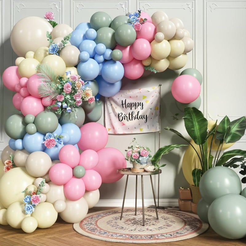 Isndare Pink Green Balloons Arch Sage Green Pink Blue Yellow White Balloon Garland Pastel Blue Yellow Beige Olive Latex Balloons Fairy Birthday Tea Goose Party Decorations Wedding Wildflower Baby Shower - Image 3