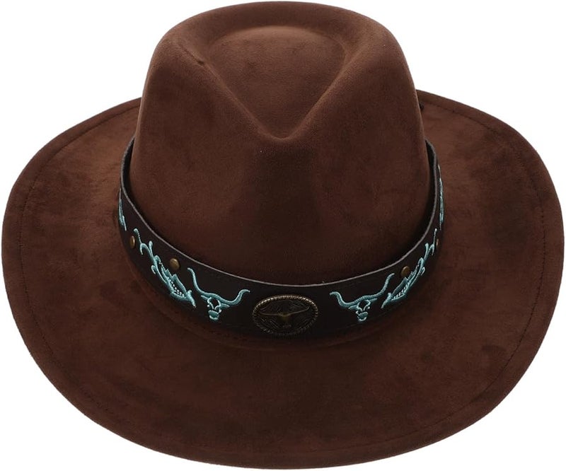 Cowboy Hat with Bullhead Buckle Suede Felt Coffee Brown Wide Brim for Men Women Outdoor - Image 1