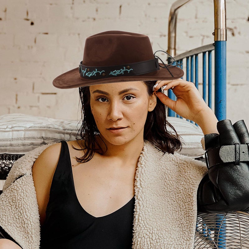 Cowboy Hat with Bullhead Buckle Suede Felt Coffee Brown Wide Brim for Men Women Outdoor - Image 5