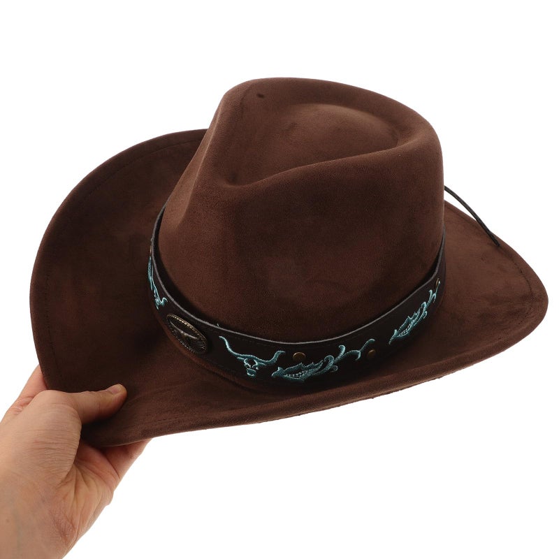 Cowboy Hat with Bullhead Buckle Suede Felt Coffee Brown Wide Brim for Men Women Outdoor - Image 3