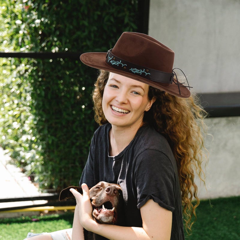 Cowboy Hat with Bullhead Buckle Suede Felt Coffee Brown Wide Brim for Men Women Outdoor - Image 4