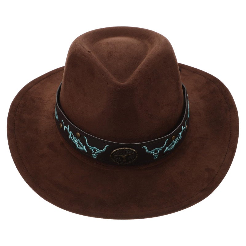 Cowboy Hat with Bullhead Buckle Suede Felt Coffee Brown Wide Brim for Men Women Outdoor - Image 2