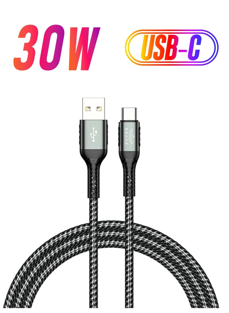 Brave BRAVE 30W USB Cable Type-C Connector 3.1A Nylon Braided Durable Fast Charge and Data Cable (1.2m/4ft) Made of Aluminum Alloy for Long Lasting Material, Safe and Reliable, Flexible Black  - Image 1