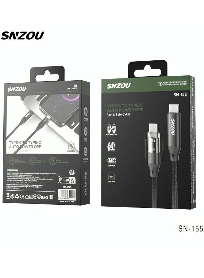 SNZOU Snzou SpeedSync 60W Type-C to Type-C Data Cable The SN-155 Data Cable supports fast charging with a 60W output and features an auto power-off function. With an LED light indicator and durable 140 copper core, it ensures stable and efficient power delivery. - Image 1