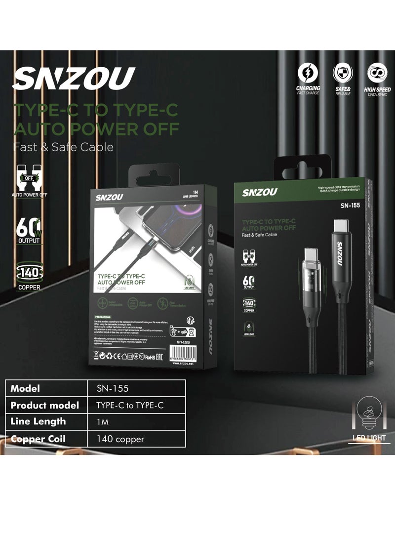 SNZOU Snzou SpeedSync 60W Type-C to Type-C Data Cable The SN-155 Data Cable supports fast charging with a 60W output and features an auto power-off function. With an LED light indicator and durable 140 copper core, it ensures stable and efficient power delivery. - Image 2