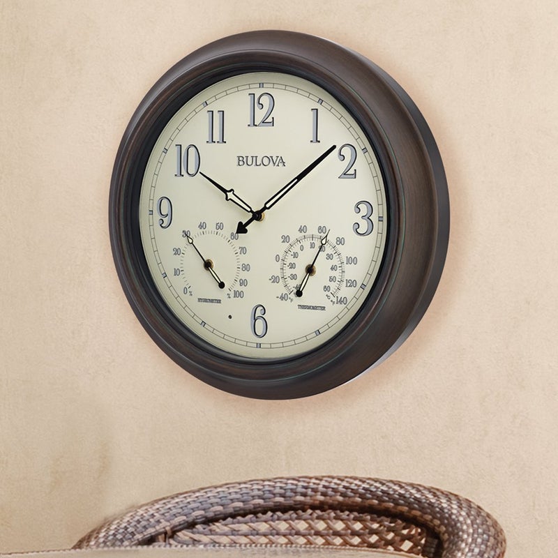 Bulova Weather Master Wall Clock C4813 | 18" Burnished Bronze Metal Frame with LED Illumination | Thermometer & Hygrometer | Silent Sweep Quartz Movement | Weatherproof Outdoor DÃ©cor - Image 2