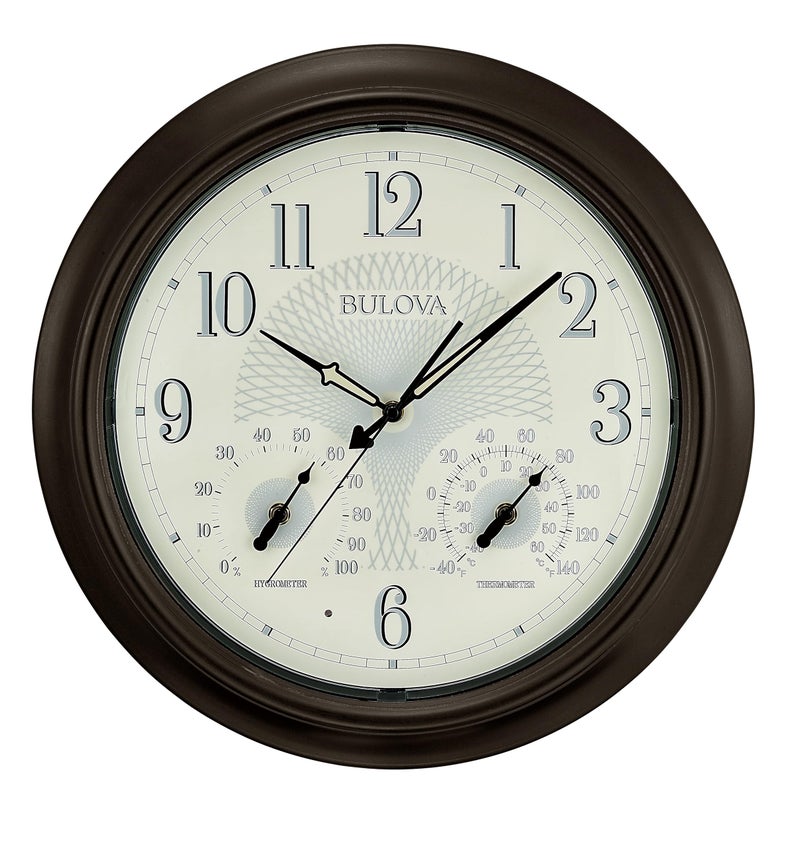 Bulova Weather Master Wall Clock C4813 | 18" Burnished Bronze Metal Frame with LED Illumination | Thermometer & Hygrometer | Silent Sweep Quartz Movement | Weatherproof Outdoor DÃ©cor - Image 1