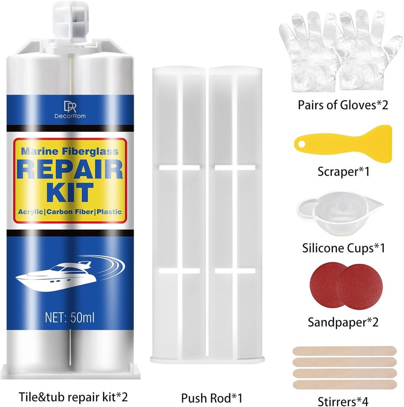 DecorRom Marine Fiberglass Repair Kit - 3.4oz Gel Coat Repair Kit for Boats, Clear Fiberglass Repair Epoxy Filler for Fast Repair Scratches, Cracks, Holes, Gelcoat Repair kit for Fiberglass, Acrylic, Porcelain - Image 2