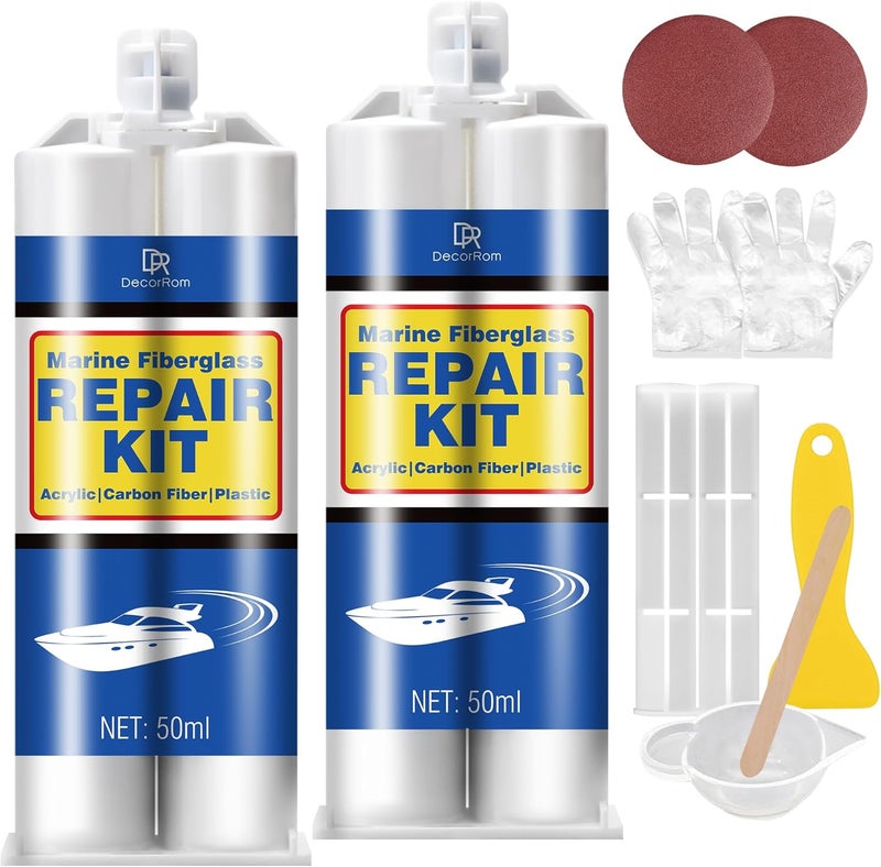 DecorRom Marine Fiberglass Repair Kit - 3.4oz Gel Coat Repair Kit for Boats, Clear Fiberglass Repair Epoxy Filler for Fast Repair Scratches, Cracks, Holes, Gelcoat Repair kit for Fiberglass, Acrylic, Porcelain - Image 1